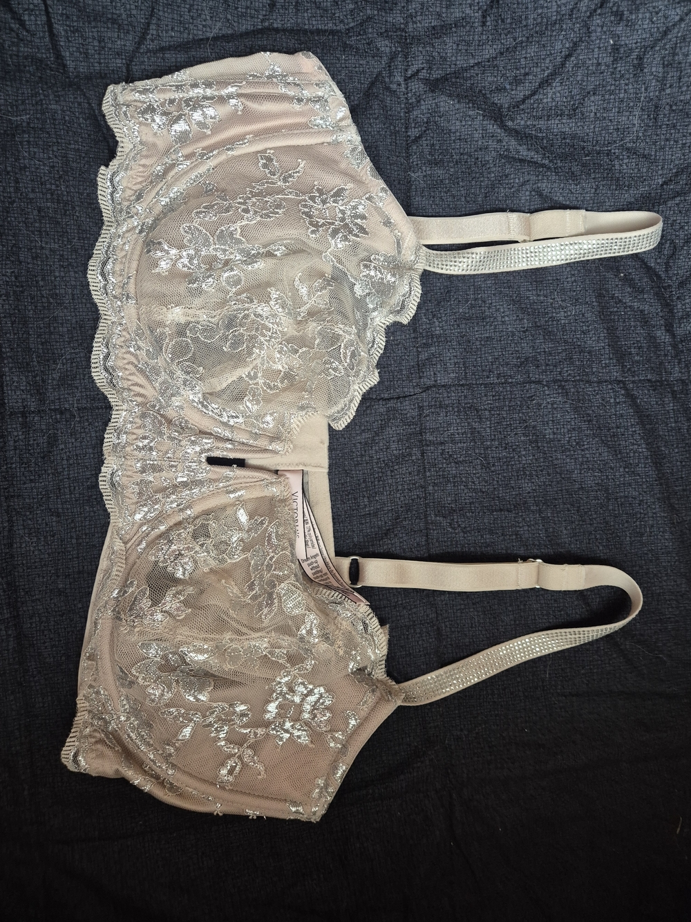 Victoria's Secret Sheer Lace Bra in Nude with Silver Embroidery